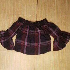 Ivy & Main Womens Purple Plaid Off The Shoulder Cropped Shirt Small